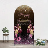 Aperturee - Aperturee Black and Gold Glitter Arch Backdrop High Heels Champagne Birthday Party Decor Pink Balloon Theme Background for Women