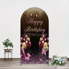 Aperturee - Aperturee Black and Gold Glitter Arch Backdrop High Heels Champagne Birthday Party Decor Pink Balloon Theme Background for Women