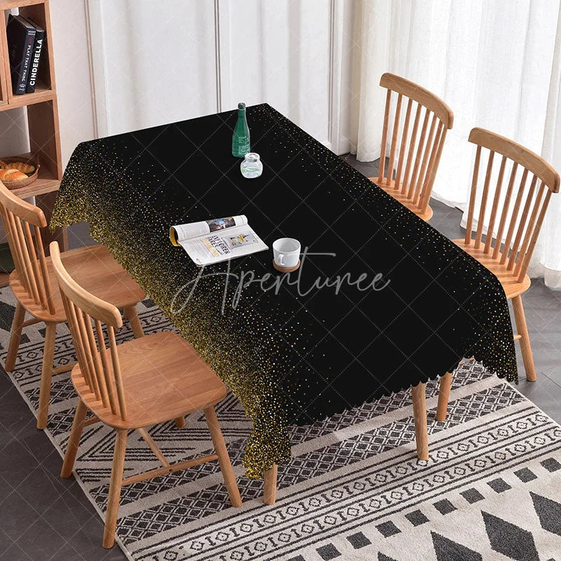 Aperturee - Aperturee Black and Gold Glitter Gradient Rectangle Tablecloth with Scalloped Edge Elegant Party Celebration Decor