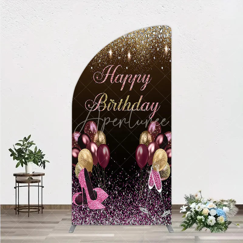 Aperturee - Aperturee Black and Gold Glitter Half Moon Arch Backdrop High Heels Champagne Birthday Party Decor Pink Balloon Theme