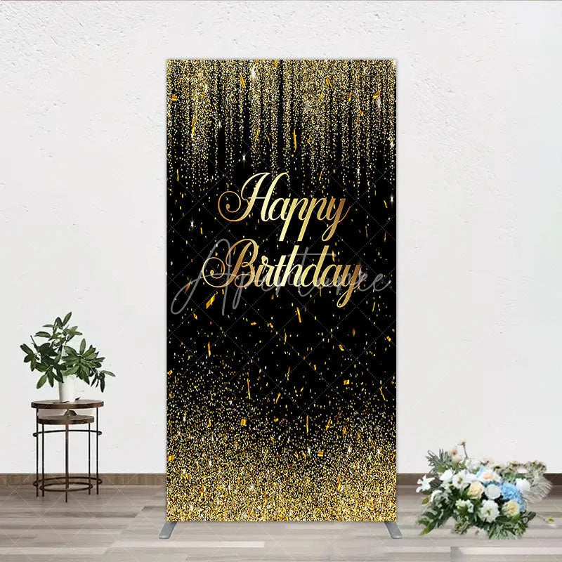 Aperturee - Aperturee Black and Gold Glitter Happy Birthday Rectangle Arch Backdrop Elegant Confetti Party Decoration for Celebrations
