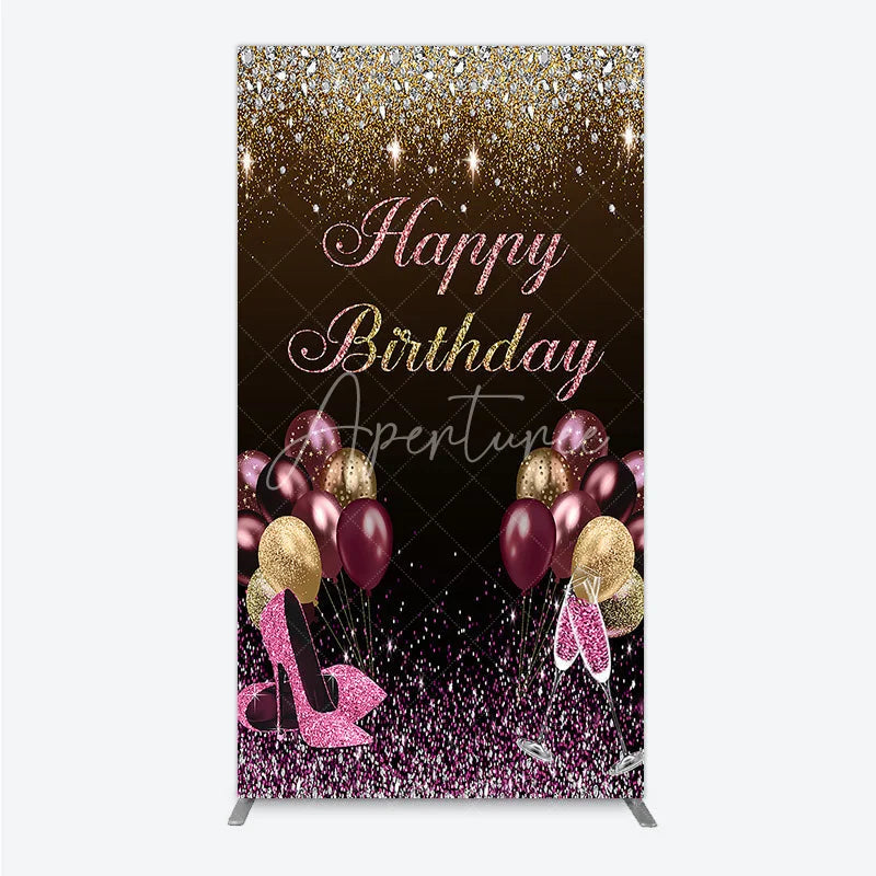 Aperturee - Aperturee Black and Gold Glitter Rectangle Backdrop High Heels Champagne Birthday Party Decor Pink Balloon Theme Background
