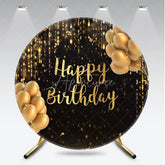 Aperturee - Aperturee Black and Gold Happy Birthday Round Backdrop Glitter Bokeh Lights and Balloons Party Cover