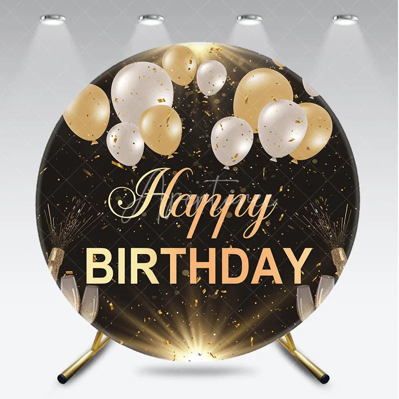 Aperturee - Aperturee Black and Gold Happy Birthday Round Backdrop with Balloons and Confetti Elegant Champagne Celebration Party Decor