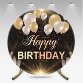 Aperturee - Aperturee Black and Gold Happy Birthday Round Backdrop with Balloons and Confetti Elegant Champagne Celebration Party Decor