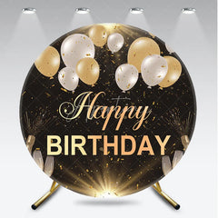 Aperturee - Aperturee Black and Gold Happy Birthday Round Backdrop with Balloons and Confetti Elegant Champagne Celebration Party Decor