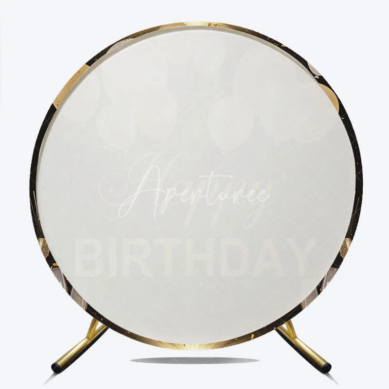 Aperturee - Aperturee Black and Gold Happy Birthday Round Backdrop with Balloons and Confetti Elegant Champagne Celebration Party Decor