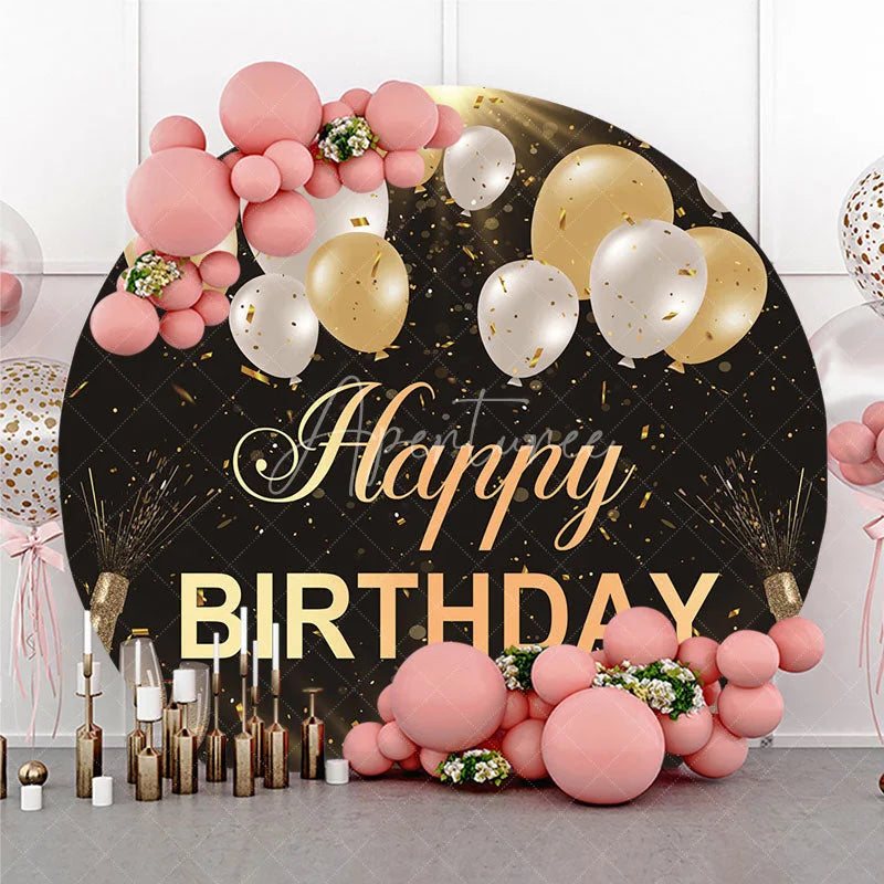 Aperturee - Aperturee Black and Gold Happy Birthday Round Backdrop with Balloons and Confetti Elegant Champagne Celebration Party Decor