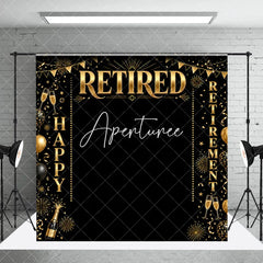 Aperturee - Aperturee Black and Gold Happy Retirement Celebration Holiday Backdrop Elegant Party Decor with Balloons and Champagne