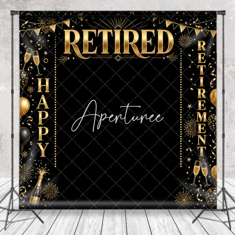 Aperturee - Aperturee Black and Gold Happy Retirement Celebration Holiday Backdrop Elegant Party Decor with Balloons and Champagne
