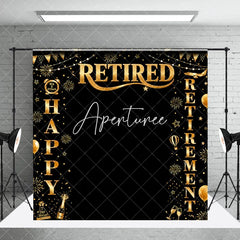 Aperturee - Aperturee Black and Gold Happy Retirement Party Holiday Backdrop with Fireworks Champagne and Elegant Celebration Decor