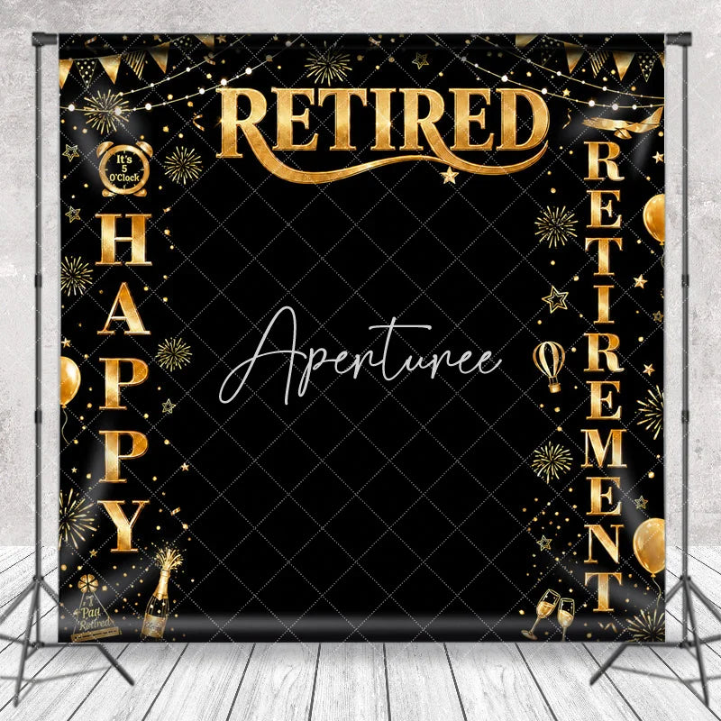 Aperturee - Aperturee Black and Gold Happy Retirement Party Holiday Backdrop with Fireworks Champagne and Elegant Celebration Decor
