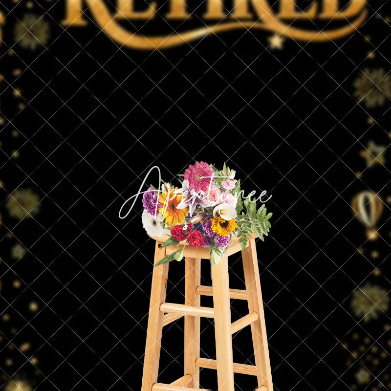 Aperturee - Aperturee Black and Gold Happy Retirement Party Holiday Backdrop with Fireworks Champagne and Elegant Celebration Decor