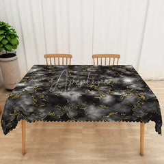 Aperturee - Aperturee Black and Gold Marble Rectangle Tablecloth with Faux Wave Edge for Luxury and Elegant Party Decor
