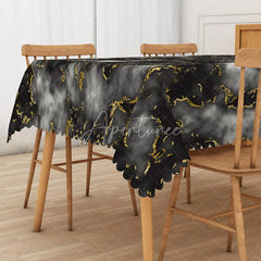 Aperturee - Aperturee Black and Gold Marble Rectangle Tablecloth with Faux Wave Edge for Luxury and Elegant Party Decor