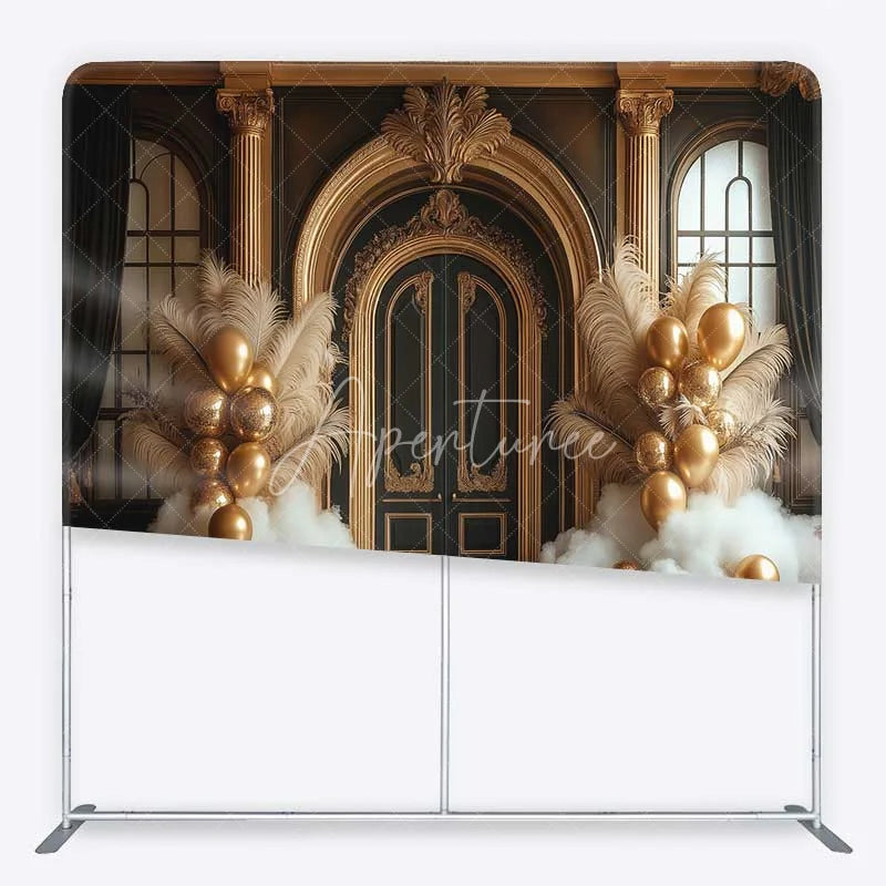 Aperturee - Aperturee Black and Gold Ornate Door Square Double-Sided Backdrop Elegant Feather and Balloon Decor for Parties