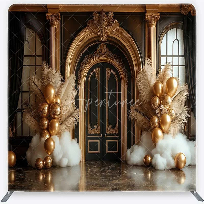 Aperturee - Aperturee Black and Gold Ornate Door Square Double-Sided Backdrop Elegant Feather and Balloon Decor for Parties