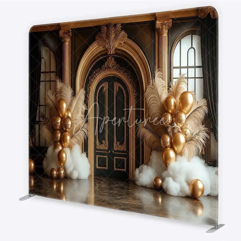 Aperturee - Aperturee Black and Gold Ornate Door Square Double-Sided Backdrop Elegant Feather and Balloon Decor for Parties