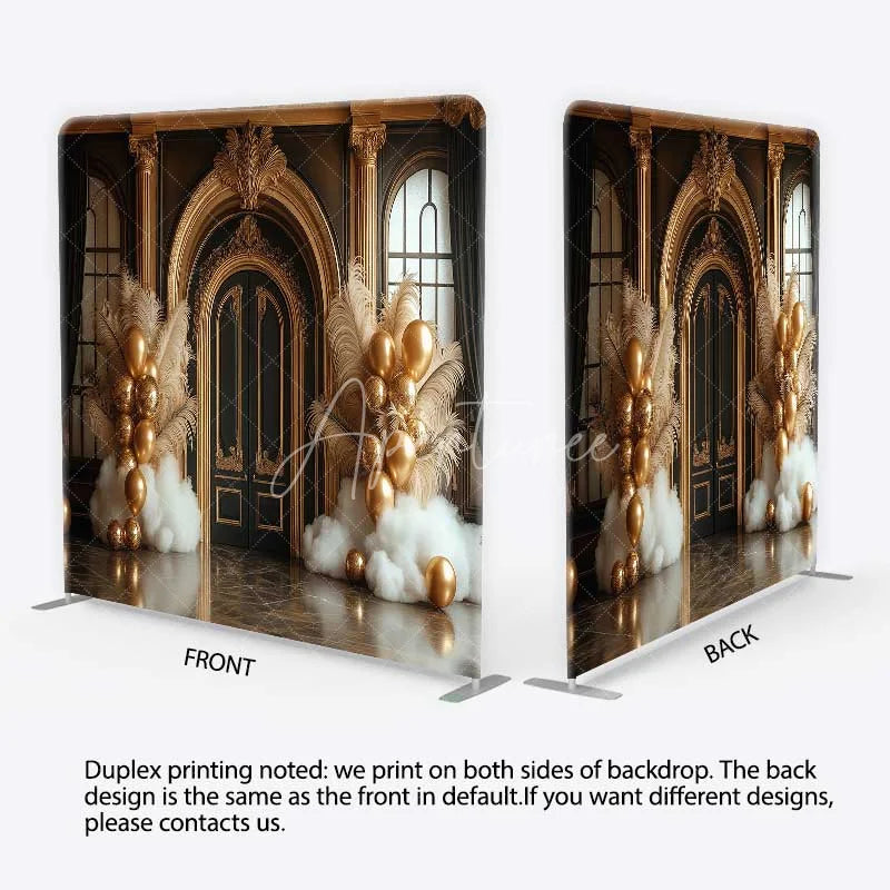 Aperturee - Aperturee Black and Gold Ornate Door Square Double-Sided Backdrop Elegant Feather and Balloon Decor for Parties