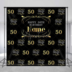 Aperturee - Aperturee Black and Gold Personalized Happy 50th Birthday Custom Backdrop Elegant Aged to Perfection Party Decor