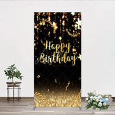 Aperturee - Aperturee Black and Gold Sparkling Happy Birthday Rectangle Backdrop Kit Elegant Stars and Glitter Party Decor
