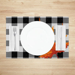 Aperturee - Aperturee Black and Gray Grid with Maple Leaves Set of 4 Placemats for Modern and Moody Fall and Autumn Decor