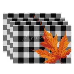 Aperturee - Aperturee Black and Gray Grid with Maple Leaves Set of 4 Placemats for Modern and Moody Fall and Autumn Decor