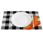 Aperturee - Aperturee Black and Gray Grid with Maple Leaves Set of 4 Placemats for Modern and Moody Fall and Autumn Decor