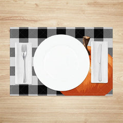 Aperturee - Aperturee Black and Gray Intersecting Grid with Pumpkins Set of 4 Placemats for Modern Farmhouse Fall Decor