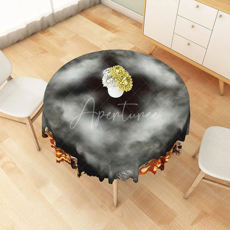 Aperturee - Aperturee Black and Gray Jack-o’-Lantern Halloween Round Tablecloth for Modern and Spooky Monochromatic Decor