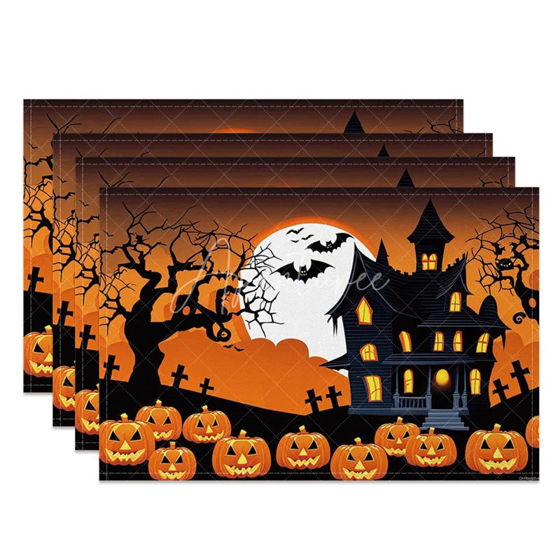Aperturee - Aperturee Black and Orange Halloween Set of 4 Placemats with Bat and Haunted Castle for Spooky Holiday Decor