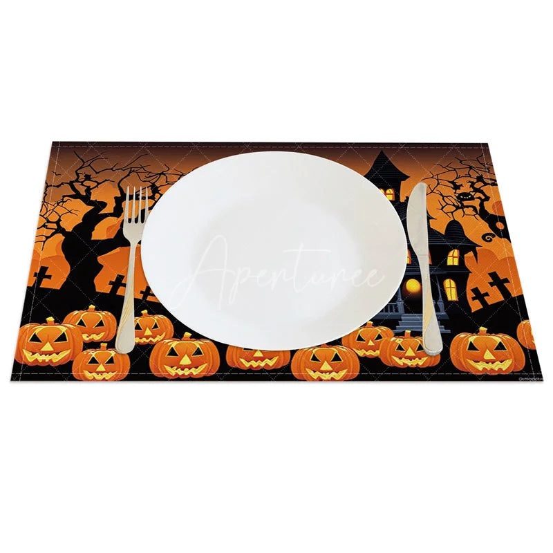 Aperturee - Aperturee Black and Orange Halloween Set of 4 Placemats with Bat and Haunted Castle for Spooky Holiday Decor