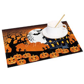 Aperturee - Aperturee Black and Orange Halloween Set of 4 Placemats with Bat and Haunted Castle for Spooky Holiday Decor