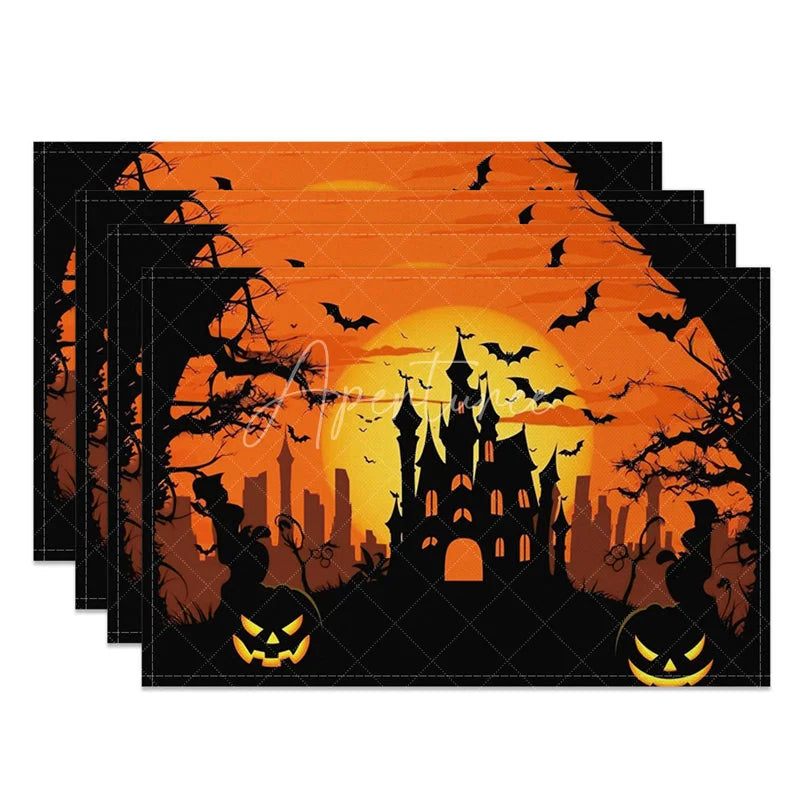 Aperturee - Aperturee Black and Orange Haunted Halloween Night Set of 4 Placemats for Spooky and Festive Holiday Party Decor