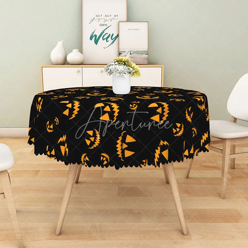 Aperturee - Aperturee Black and Orange Jack-o’-Lantern Halloween Round Tablecloth for Spooky and Festive Party Decor