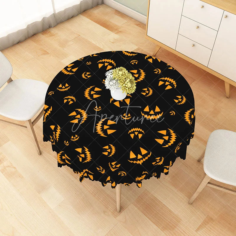 Aperturee - Aperturee Black and Orange Jack-o’-Lantern Halloween Round Tablecloth for Spooky and Festive Party Decor