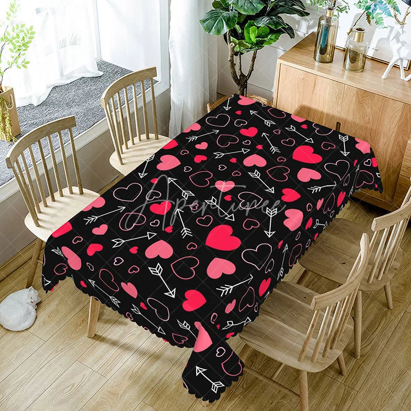 Aperturee - Aperturee Black and Pink Cupid Arrow Rectangle Tablecloth Romantic Heart Love Pattern Valentine Anniversary Dining Decor
