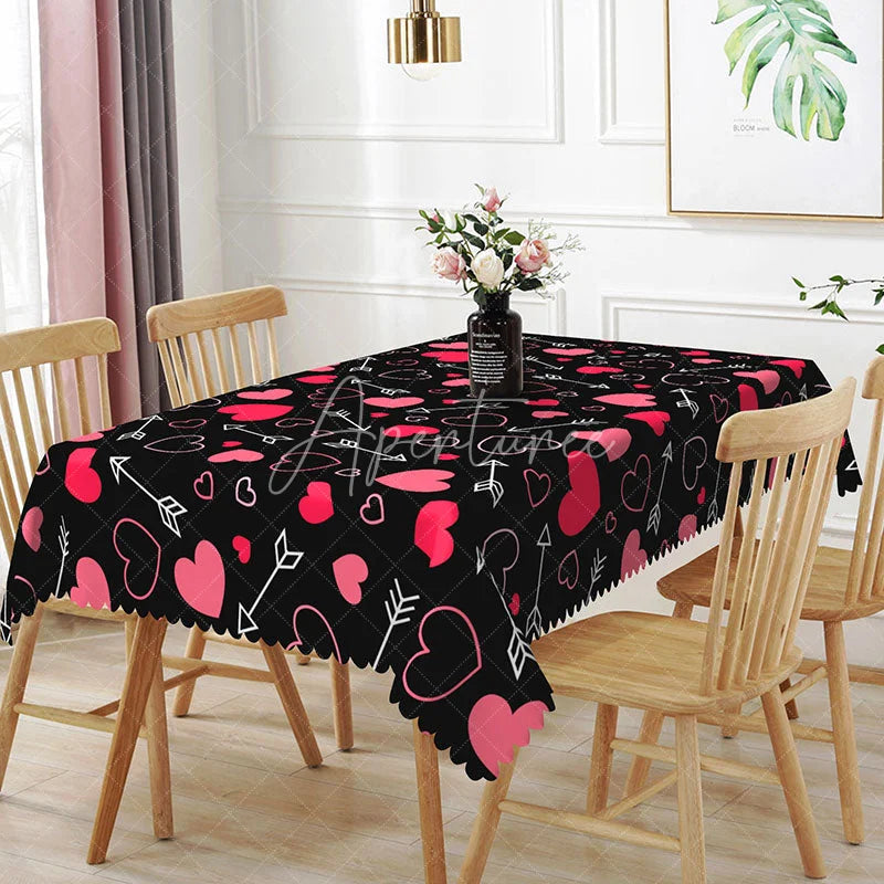 Aperturee - Aperturee Black and Pink Cupid Arrow Rectangle Tablecloth Romantic Heart Love Pattern Valentine Anniversary Dining Decor