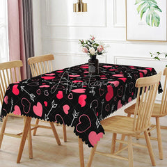 Aperturee - Aperturee Black and Pink Cupid Arrow Rectangle Tablecloth Romantic Heart Love Pattern Valentine Anniversary Dining Decor