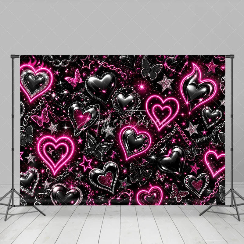 Aperturee - Aperturee Black and Pink Neon Y2K Glowing Heart Chain Holiday Backdrop Edgy Sparkling Butterfly Celebration Party Decor