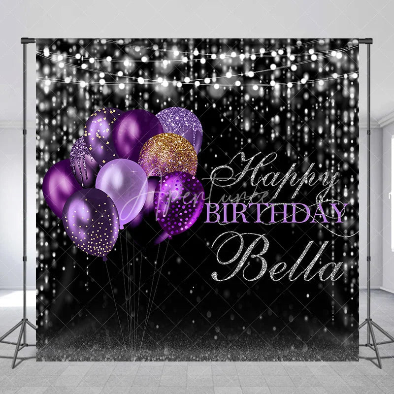 Aperturee - Aperturee Black and Purple Gold Glitter Balloons Happy Birthday Custom Backdrop Elegant Sparkling Celebration Party Decor