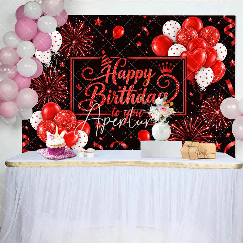 Aperturee - Aperturee Black and Red Glitter Happy Birthday to you Backdrop with Balloons Stars and Ribbons for Festive Party Decor.