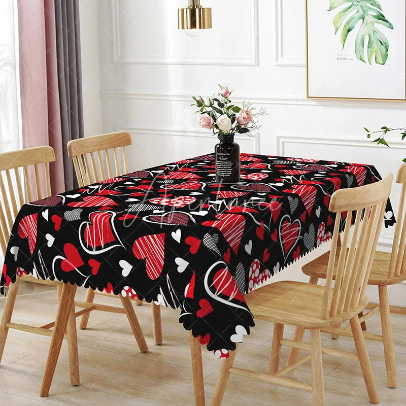 Aperturee - Aperturee Black and Red Scribble Heart Rectangle Tablecloth Hand Drawn Love Doodle Pattern Artistic Valentine Party Decor