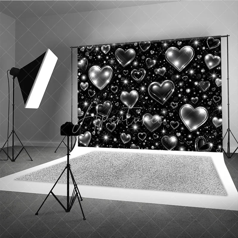 Aperturee - Aperturee Black and Silver Y2K Glitter Heart Holiday Backdrop with Sparkling Stars Elegant Celebration Party Decor