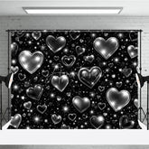 Aperturee - Aperturee Black and Silver Y2K Glitter Heart Holiday Backdrop with Sparkling Stars Elegant Celebration Party Decor