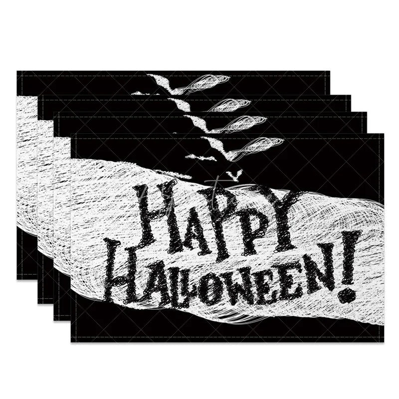 Aperturee - Aperturee Black and White Bat Halloween Set of 4 Placemats for Modern Gothic and Spooky Party Decorations