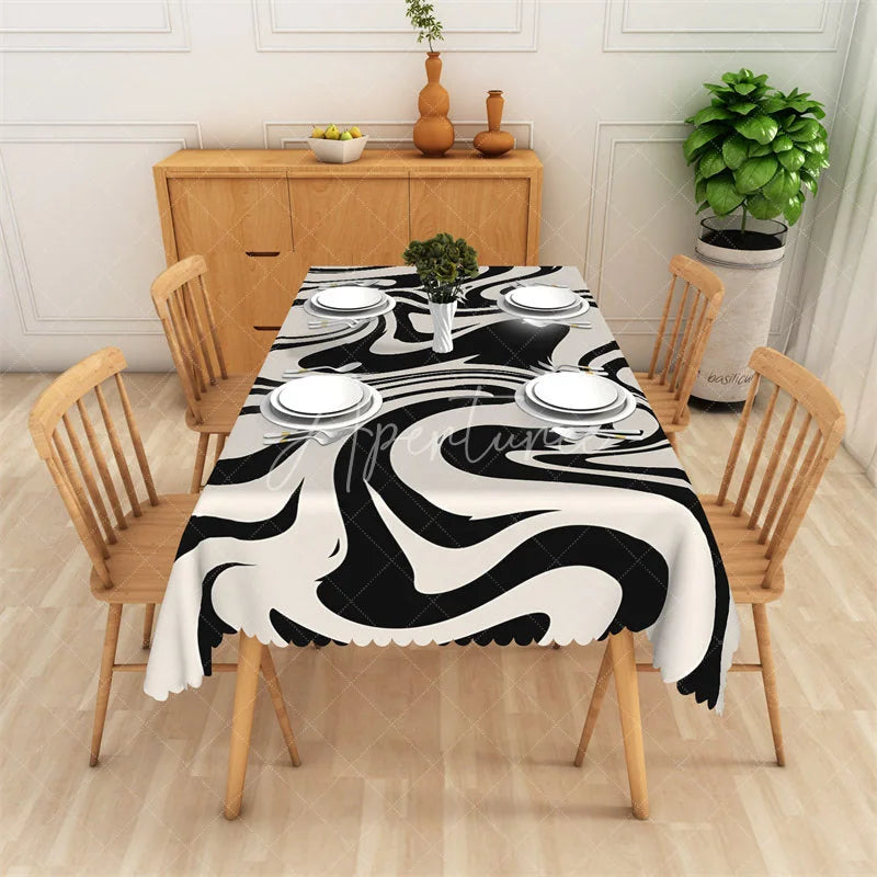 Aperturee - Aperturee Black and White Bold Marble Rectangle Tablecloth Abstract Wave Pattern Modern Table Cover Decor