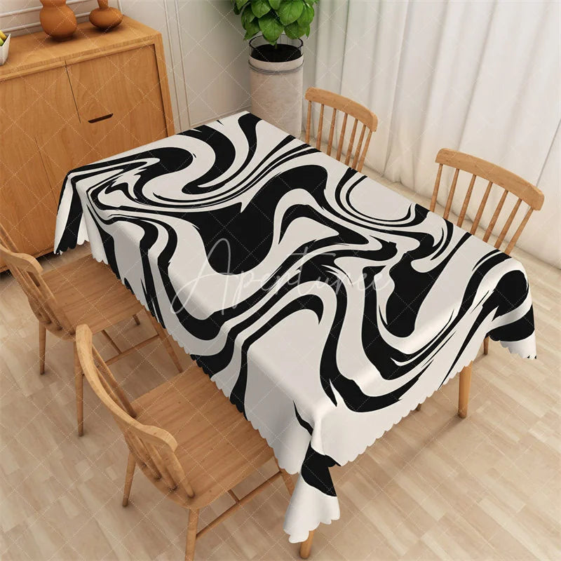 Aperturee - Aperturee Black and White Bold Marble Rectangle Tablecloth Abstract Wave Pattern Modern Table Cover Decor