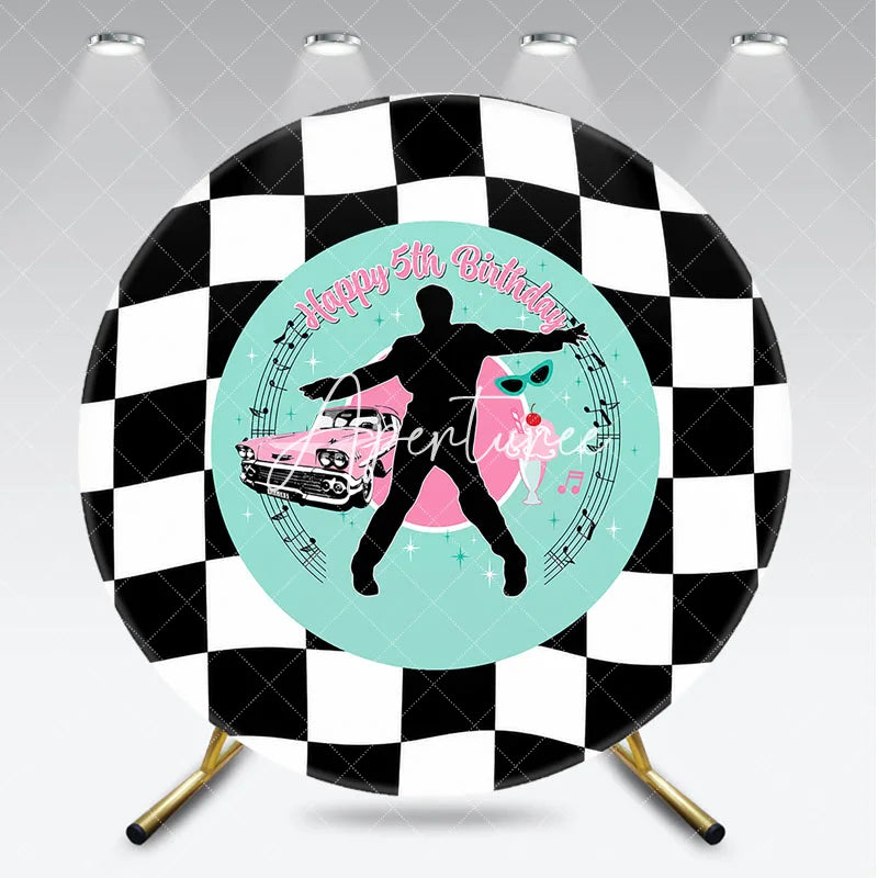 Aperturee - Aperturee Black and White Checkered 1950s Rock and Roll Happy 5th Birthday Round Backdrop Retro Car and Milkshake Party Decor