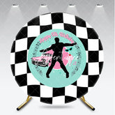 Aperturee - Aperturee Black and White Checkered 1950s Rock and Roll Happy 5th Birthday Round Backdrop Retro Car and Milkshake Party Decor